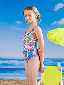 Tween Girl Allover Print One Piece Swimsuit - Multicolor - View 7