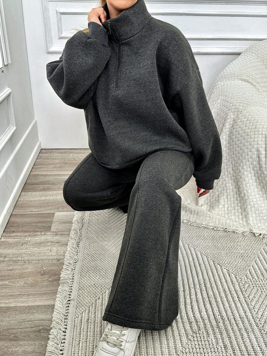 SHEIN Cottnline Áo hoodie nửa khóa kéo trơn màu cỡ lớn 2 chiếc/bộ - Màu xám đen - Xem 1