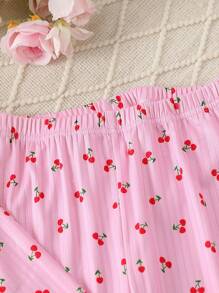 SHEIN Tween Girl Red Cherry Printed Loose And Comfortable Long Sleeve Long Pants Two-Piece Homewear Set - Pink - View 3