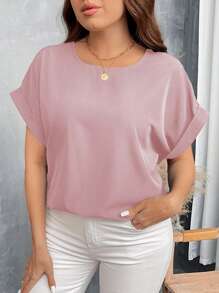 SHEIN LUNE Camisa azul de cuello redondo holgada de estilo casual básico con efecto de mezclilla y hombros caídos para tallas grandes - Rosa vieja - Ver 6