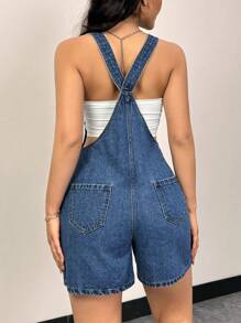 SHEIN Privé Pantalones Cortos De Peto De Mezclilla Para Mujer Con Botones Laterales - Azul lavado medio - Ver 2