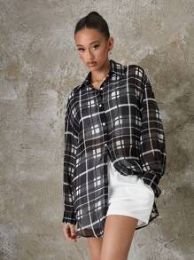 SHEIN EZwear 格紋和花卉印花黑白織物女襯衫 - 黑與白 - 查看 3