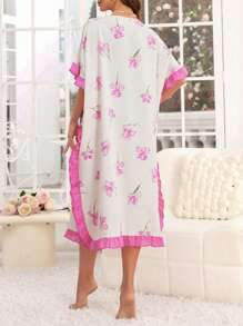 CottageSlumber CottageSlumber Women's Loose Fit Sleep Dress Pajama Dress With Wide Sleeves, Contrast Color Ruffle Hem And Floral Print Long Dress Women Plus Sleepwearwomen Sleepwear