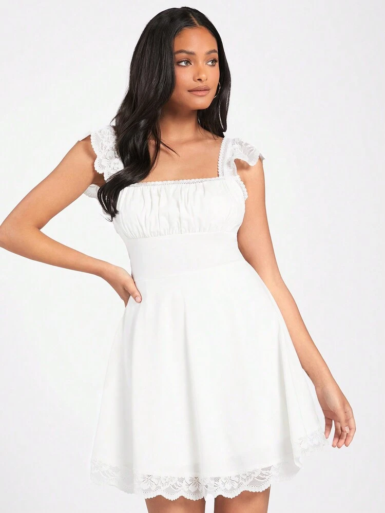Women's Minimalist Sexy Style Date Dress With Lace Splicing And Flutter Sleeves