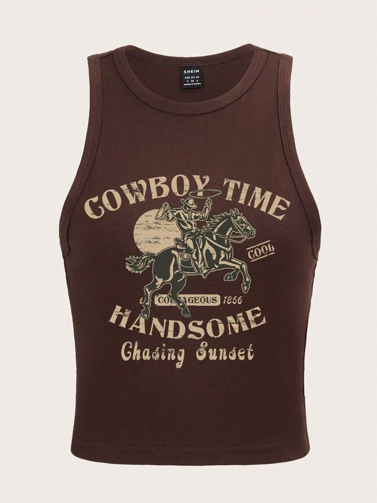 Coolane Top de tirantes slim fit casual de mujer con estampa de eslogan y centauro, cuello redondo, para verano