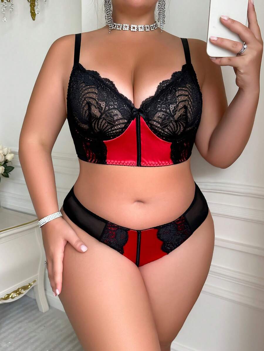 2pcs Plus Size Women's Sexy Lingerie Set With Lace Splicing And Underwire