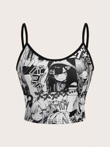 ROMWE Anime Japoński Manga Dziewczyna Nadruk Kawaii Uroczy Damski Tank Top, Szkoła