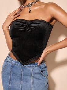 SHEIN BAE Ruched Bust Contrast Lace Bandana Velvet Top - Black - View 4