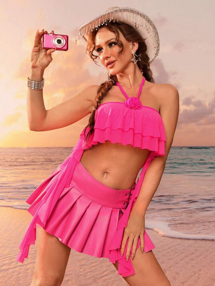 Women's Swimwear Bikini Top With 3d Flower Detailing, Double Layered Ruffle Hem And Halter Strap For Summer, Beach, Swimming, Vacation