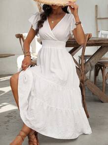 Breezaya 纯色斜领褶皱腰分层下摆连衣裙长款度假海滩装女款 - 白色 - 查看 1
