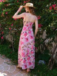 Vestido sin mangas con abertura alta y estampado floral en todo el vestido, adecuado para vacaciones de verano en color rosa - Morado - Ver 8