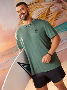 EASEVO Men Plus Size Alphabet & Palm Tree Graphic Printed Knit Casual Short Sleeve T-Shirt, For Vacation Beach, Summer