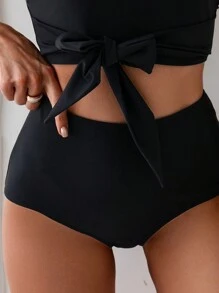 Swim Lushoire Insieme Bikini A Vita Alta Con Fiocco Frontale E Tinta Unita Per Donne, Costume Da Bagno Per La Spiaggia Estiva