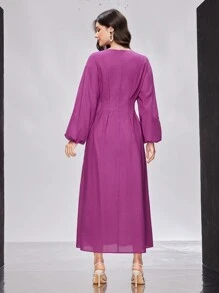 Modelyn Đầm dạ hội dài cổ tròn tay đèn lồng phong cách Ả Rập cho nữ có dây buộc eo - Màu Hồng Tươi - Xem 2