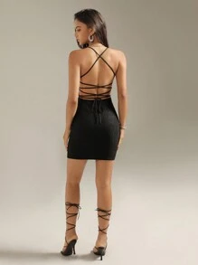 SHEIN Unity Của phụ nữ Không lưng Dải mỏng Váy Dây - màu đen - Xem 2