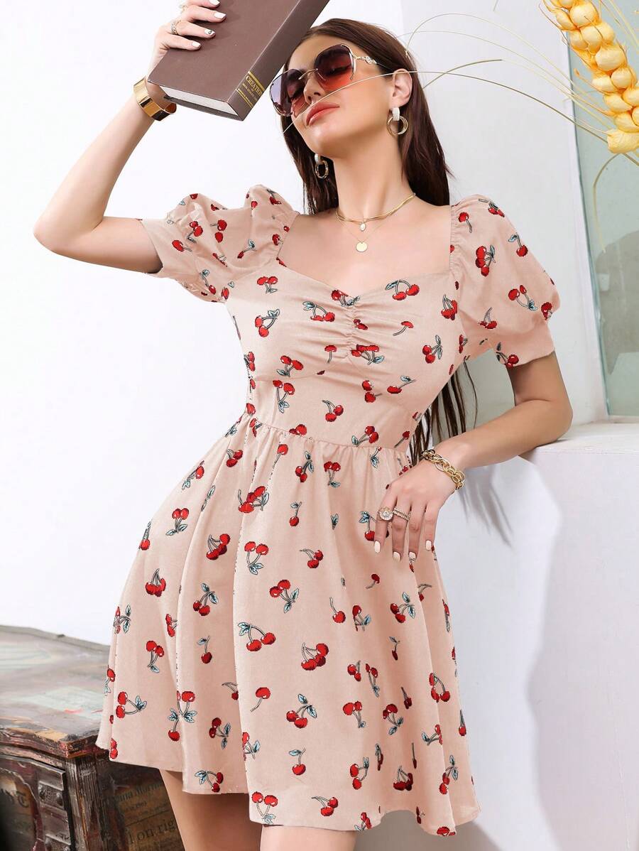 Breezaya 櫻桃印花泡泡袖短裙 - 粉色 - 查看 1