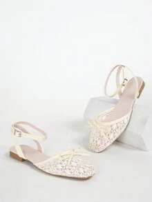 Màu Quả mơ Màu sắc Nút hình bướm Retro Trắng Dây đeo Thoải mái Của phụ nữ Giày phẳng - Màu be - Xem 3