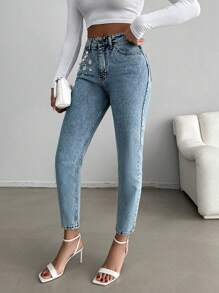 RueChic 高腰仿珍珠装饰妈妈版牛仔裤