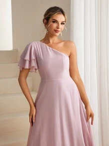 SHEIN Belle Women's One Shoulder Ruffle Short Sleeve Cocktail Party Dress - Baby Pink - View 5