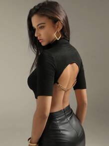 Anewsta Solid Color Slim Fit Cropped Short Sleeve T-Shirt With Small Stand-Up Collar