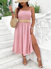 SHEIN LUNE 大尺碼純色側開叉鬆緊背心裙 - 粉色 - 查看 6