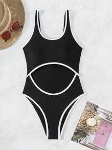 SHEIN Swim Women's One Piece Swimsuit With Contrast Trim And Cut-Out Design For Summer, Beach, Swimming, Vocation