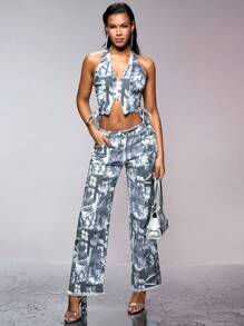 SHEIN BAE Top corto con allacciatura in pizzo e chiusura a zip laterale in twill lavato con pietre e per festival musicali