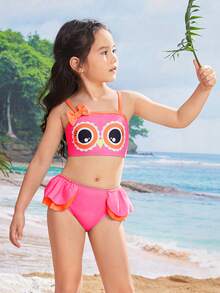Bộ bikini dễ thương cho bé gái có họa tiết cú, chi tiết nơ và viền xếp nếp, đi biển mùa xuân/hè - Màu Hồng Tươi - Xem 3