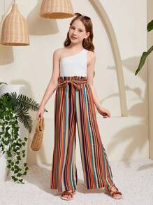 SHEIN Tween Girl編織條紋寬鬆假期寬腿褲 - 紅色 - 查看 4