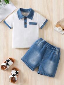 Outfit Primavera/estate Per Bambino 2 Pezzi, Top A Mezza Placket A Bottoni Contrastanti A Maniche Corte E Pantaloncini In Denim Con Elastico In Vita