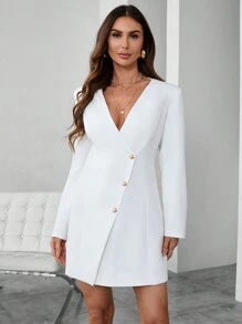 GENKIRA Vestido De Estilo Occidental De Manga Larga Con Cuello En V Y Cierre De Botón Para Mujer - Blanco - Ver 3