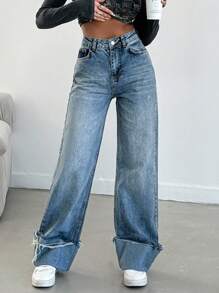 EURMUSE High-Waisted Wide Leg Baggy Jeans - Blue - View 1