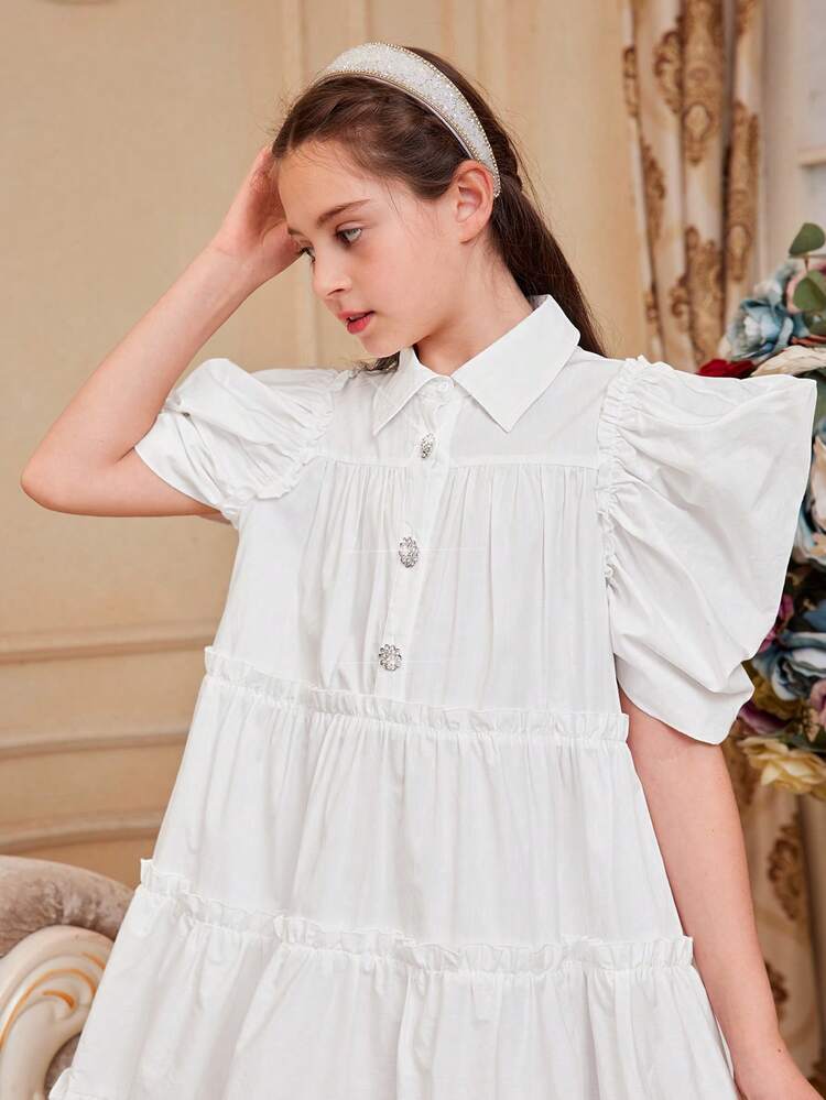 Tween Girls' Cute Light Palace Style Turn-Down Collar Exaggerated Leg-Of-Mutton Sleeve Shirt Dress