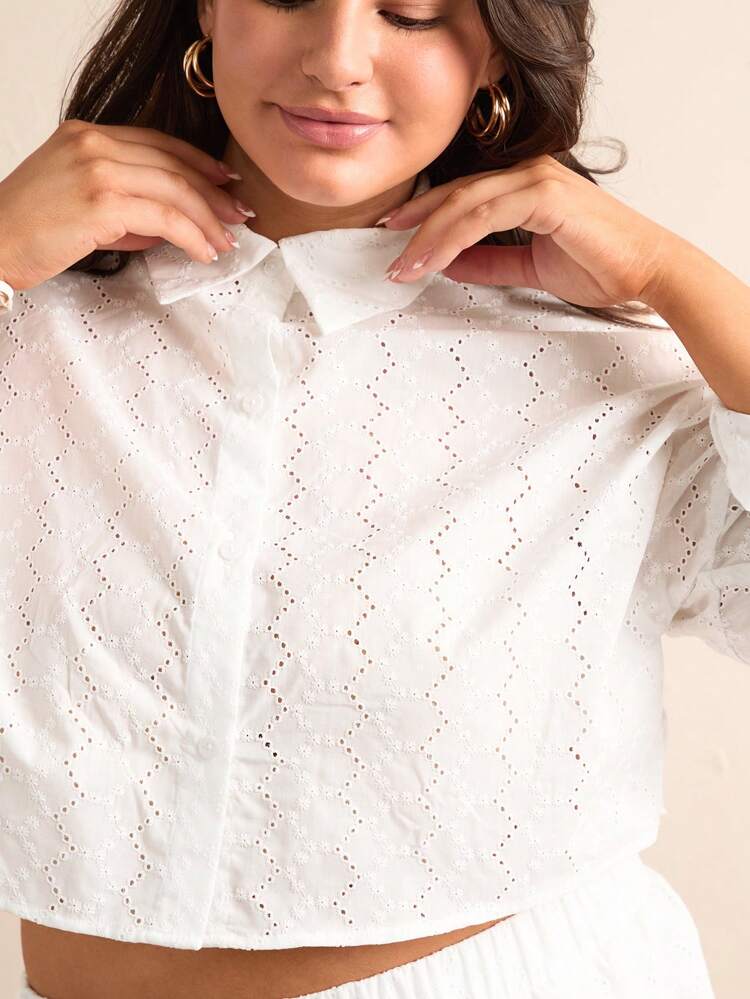 Plus Size Solid Color Hollow Out Embroidered Drop Shoulder Cropped Shirt