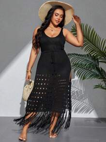 Swim Lushoire Summer Beach Plus Size Solid Color Drawstring Waist Hollow Out High Split Tassel Cover-Up