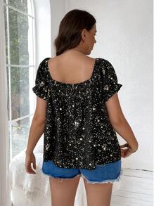 Flirla Plus Size Gold Star Printed Square Collar Shirt - Black - View 5