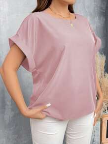 SHEIN LUNE Camisa azul de cuello redondo holgada de estilo casual básico con efecto de mezclilla y hombros caídos para tallas grandes - Rosa vieja - Ver 5