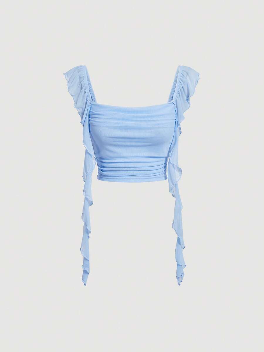 SHEIN MOD Ladies' Solid Color Frilled Edge Ruched Top - Baby Blue - View 1