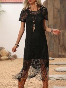 Wildy Lace Long Fringe Black Dress Western Women Attire/Country Dress,Summer Dresses For Women,Tea Party Dress - Black - View 4