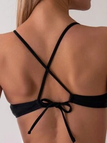 SHEIN Swim 夏季女士纯色交叉后背系带比基尼套装 - 黑色 - 查看 3