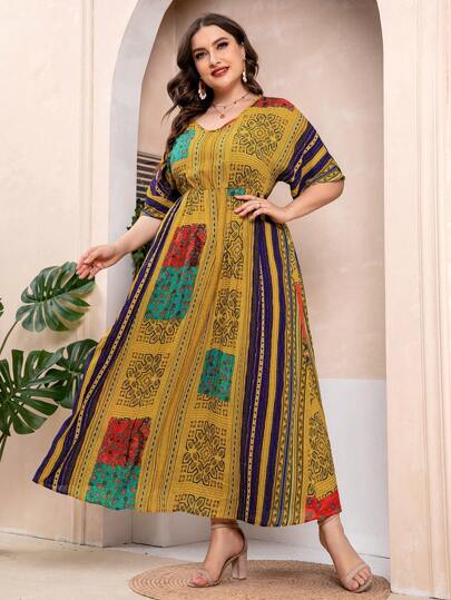 Seusyu Mönster Enkel Plus Size Klänning