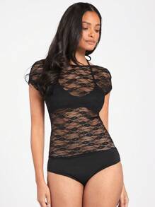 Forever 21 Lace Floral Perspective Sexy Backless Slim Fit Short Sleeve Bodysuit For Women - Black - View 4