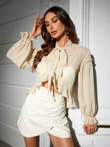 Aveloria French Vintage Asymmetrical Hemline, Ruffled Collar, Bow Tie, Long Sleeve Shirt