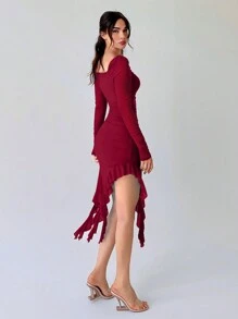 Aloruh Vestido De Manga Larga Con Cuello Cuadrado Para Mujer Con Pliegues Y Dobladillo Asimétrico