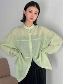 FRIFUL Women's Stand Collar Drop Shoulder Long Sleeve Shirt Sheer