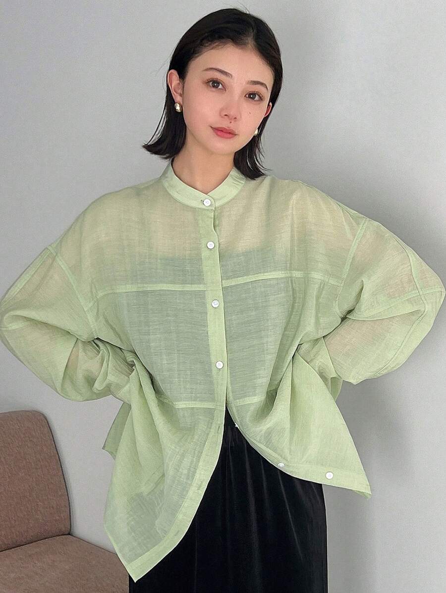 FRIFUL Women's Stand Collar Drop Shoulder Long Sleeve Shirt Sheer