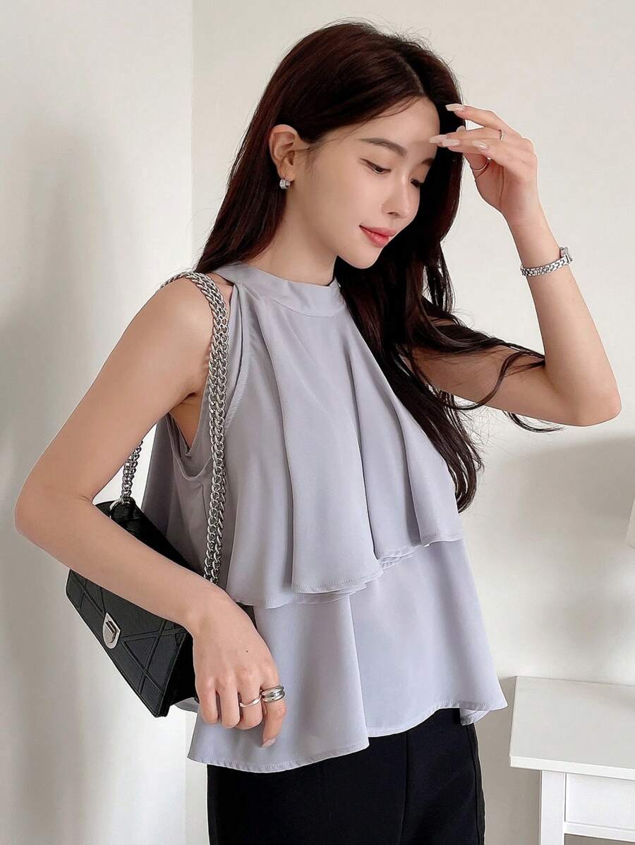 DAZY Women's Patchwork Ruffle Hem Halter Neck Blouse - Blue - View 1