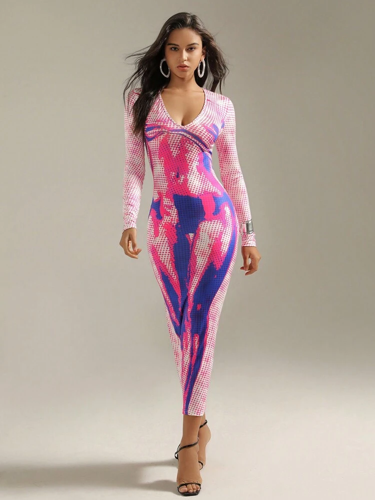 Women's Body Print V-Neck Long Sleeve Dress