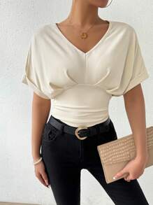 Chiquease V-Neck Pleated Bodysuit - Apricot - View 6