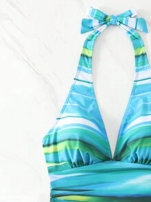 SHEIN Swim 2pcs/Set Gradient Ruched Halter Neck Tankini Set With Solid Triangle Bottom - Multicolor - View 6